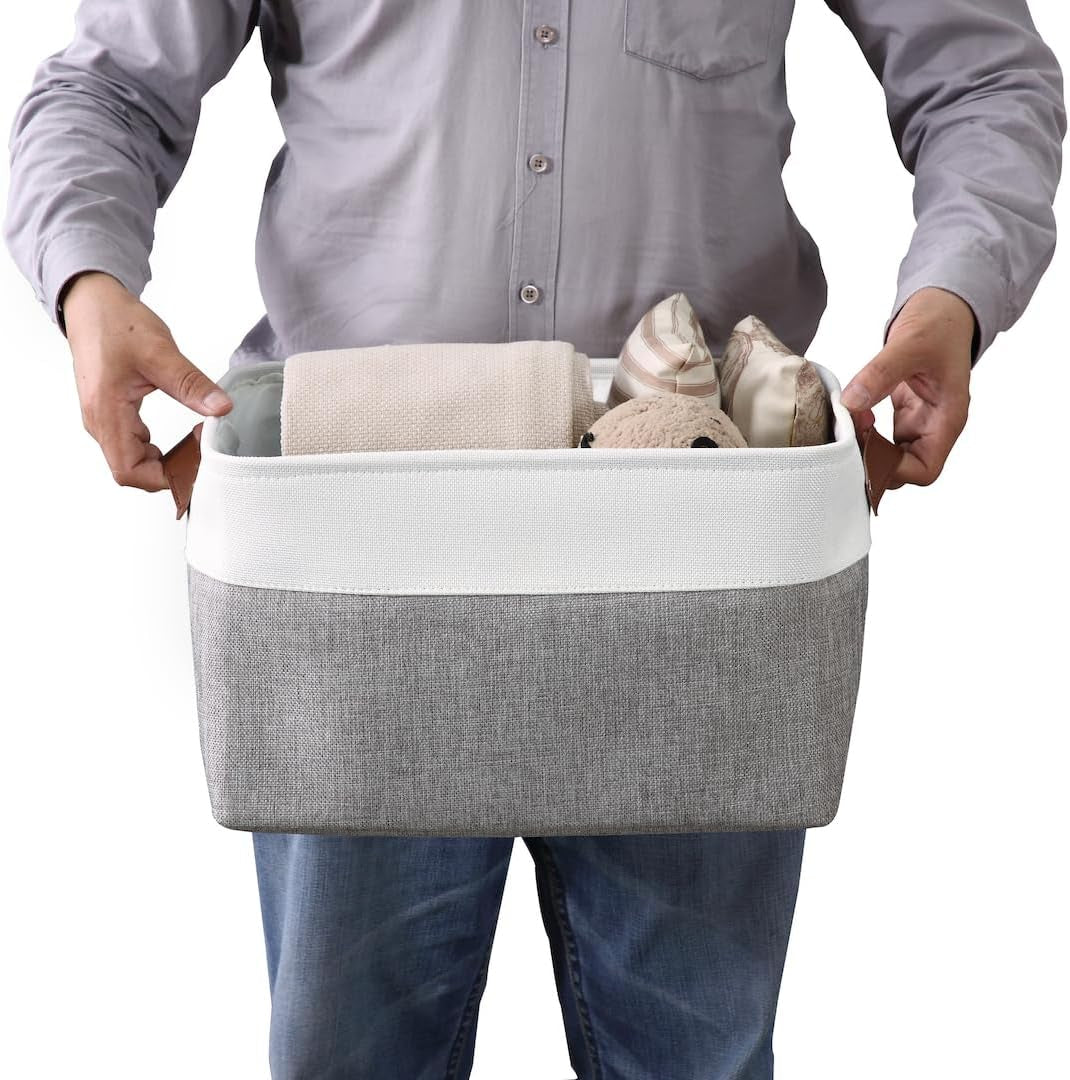 Storage Baskets for Shelves - Fabric Storage Bins, Linen Closet Organizers and Storage (Grey & White, Large - 4 Pack)