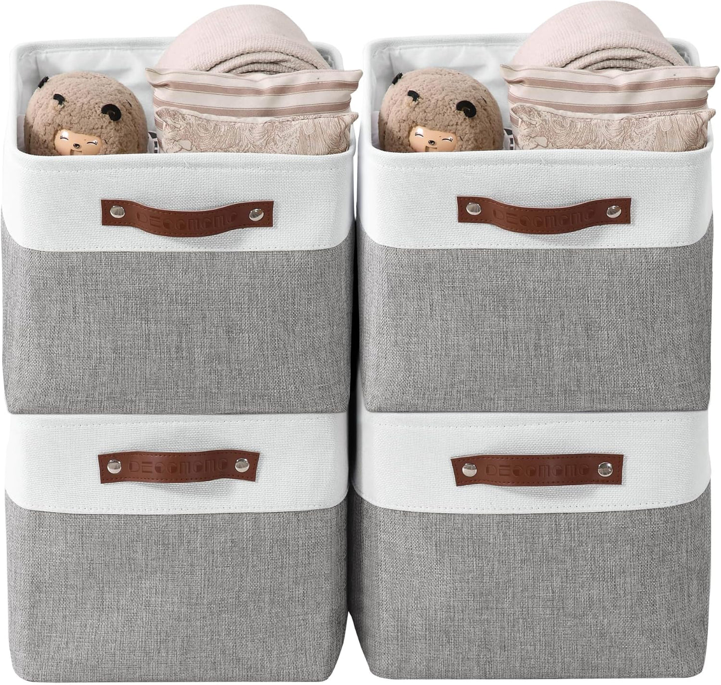 Storage Baskets for Shelves - Fabric Storage Bins, Linen Closet Organizers and Storage (Grey & White, Large - 4 Pack)