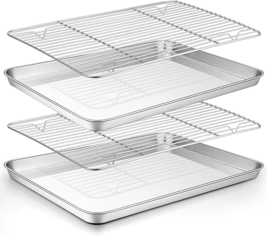 Baking Sheet with Rack Set (2 Pans + 2 Racks), Stainless Steel Baking Pan Cookie Sheet for Baking, Non Toxic & Healthy, Easy Clean & Dishwasher Safe - 4 Pack